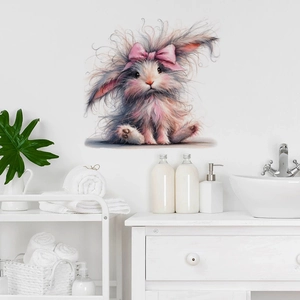 Artistic fluffy Easter bunny wall sticker with pink bow in a modern bathroom setting