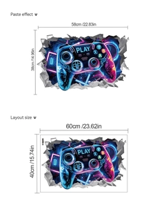 Detail showing 3D wall crack game controller sticker dimensions 58x38cm on white background