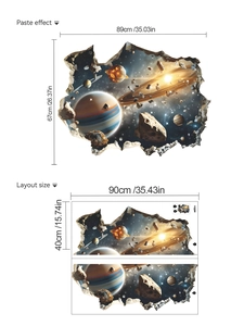 Detailed 3D outer space broken wall sticker showing layout and finished paste effect
