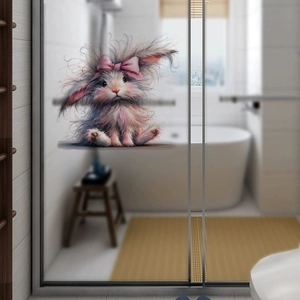 Easter fluffy rabbit sticker with pink bow on glass door in modern bathroom setting