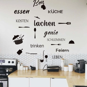 Kitchen wall stickers with German text and utensil silhouettes for modern home decor