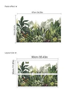 Size guide for tropical plant wall decals showing 90x30cm layout and 87x52cm paste effect