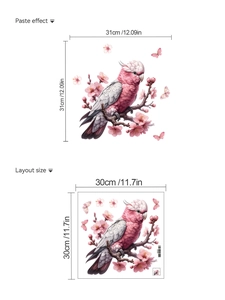 Macro detail showing pink parrot and cherry blossom wall sticker paste effect and layout size