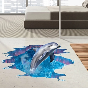 3D wall sticker featuring a dolphin jumping from cracked floor in a modern bedroom