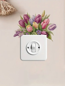 Detail of colorful tulip wall sticker applied over a white light switch on beige wall