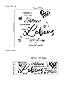 Detail of German inspirational wall sticker showing layout size 90x30cm and heart designs