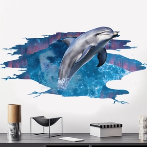 3D ocean dolphin wall sticker crashing through wall for living room home decor