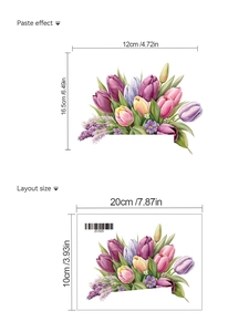 Detailed dimensions layout of tulip floral wall stickers with paste effect and size info