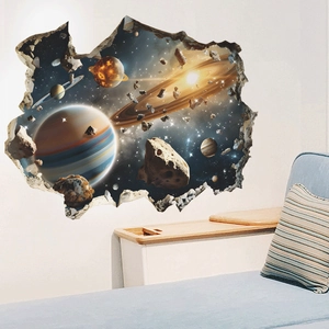 3D outer space wall sticker with planets and broken wall effect for bedroom decor