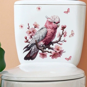 Pink parrot and cherry blossom PVC waterproof toilet sticker for bathroom decor