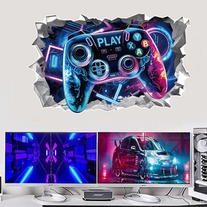 3D game controller wall sticker with neon lights and broken wall effect for gaming room décor