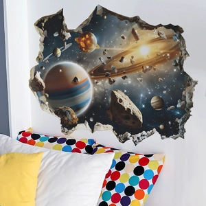 3D cracked wall sticker with Galaxy planets and Saturn for bedroom wall decoration