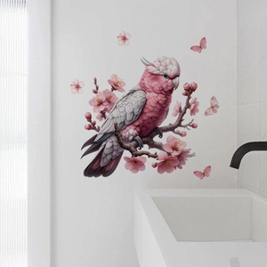 Pink cockatoo wall sticker with cherry blossoms and butterflies for bathroom decor