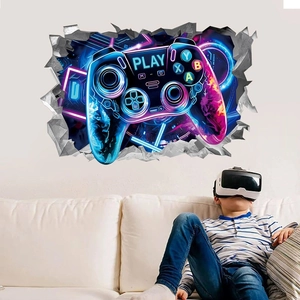 3D game controller wall sticker with neon lights breaking through wall for gaming room