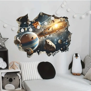 3D outer space broken wall sticker with colorful planets and nebula for bedroom decor