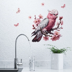 Pink parrot and cherry blossom self-adhesive PVC wall sticker for bathroom decor