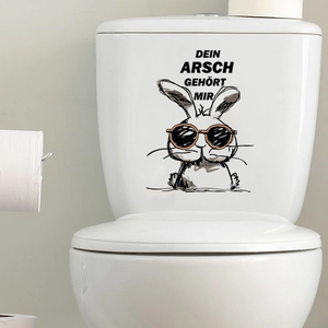 Funny cartoon rabbit toilet sticker with sunglasses and humorous German typography