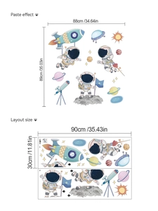 Detail of space-themed wall stickers showing astronaut and rocket layout dimensions