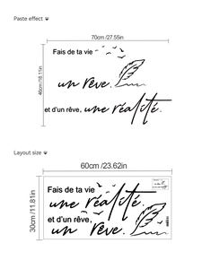 Detail of French quote wall decal with feathers and birds showing layout dimensions