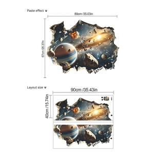 3D outer space wall sticker showing planet breakout paste effect and layout dimensions