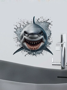 Detailansicht 3D Hai Wandaufkleber mit Wasserspritz-Effekt an einer Badezimmerwand