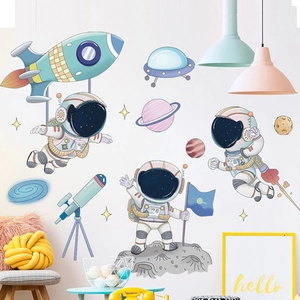 Cartoon astronaut and rocket wall decals for kids bedroom, removable PVC space stickers
