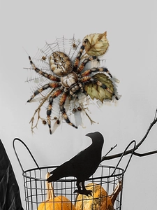 Realistic Halloween spider wall stickers with detailed web and dried leaves for wall decor