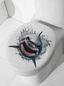 Detailansicht eines 3D-Haifisch-Wandaufklebers auf weißem WC-Deckel mit Wasserspritzern