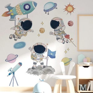 Cartoon astronaut and space rocket wall stickers for kids bedroom decor