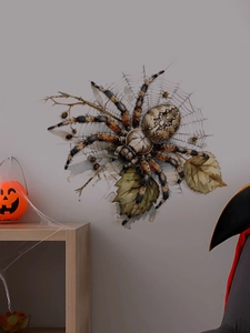 Detail of realistic Halloween spider and web wall sticker with withered leaves on white wall