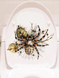 Detailed realistic 3D spider and dry leaves watercolor sticker on white toilet lid