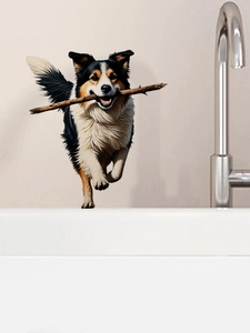 Realistic Border Collie wall decal with stick in mouth on bathroom wall background