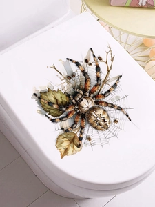 Realistic 3D spider web wall sticker with dried leaves detail on a white toilet lid