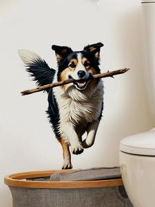 Detailed wall sticker featuring a realistic Border Collie running with a wooden stick in mouth