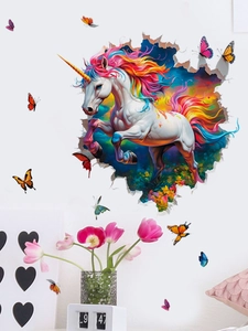 3D colorful rainbow unicorn wall sticker with butterflies for modern bedroom decor