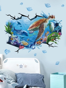 3D sea turtle ocean wall decal showing a broken wall effect for kid's room decoration