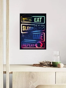 Détail du sticker mural néon Eat Sleep Game Repeat avec icônes de jeu pour déco