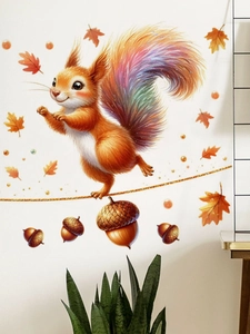Detail of cartoon squirrel wall sticker with autumn maple leaves and acorns on a white wall