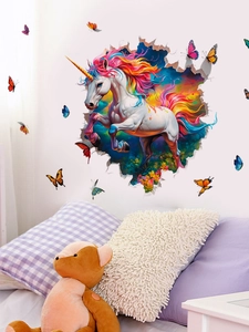 Detailed view of colorful 3D unicorn wall sticker with butterflies in kids room setting