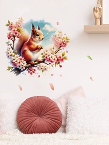 Detailed wall decal of a squirrel on pink peach blossom branches with watercolor texture