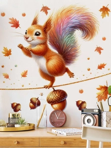 Detail of cute squirrel wall sticker with autumn leaves on a white living room wall