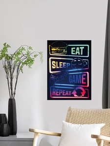 Sticker mural moderne style néon jeu vidéo avec texte Eat Sleep Game Repeat sur mur blanc