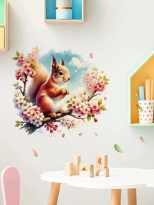 Detail of artistic squirrel on peach blossom branch wall sticker for room decor