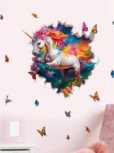 Detail of 3D unicorn wall sticker with colorful mane and butterflies for kids room