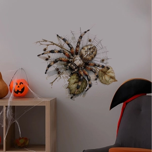 Halloween wall sticker with watercolor spider and autumn leaves on gray wall decor
