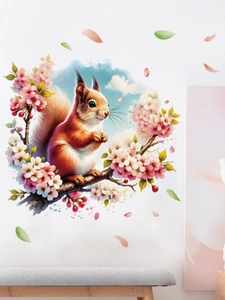 Detailed view of watercolor squirrel and pink peach blossom wall sticker on living room wall