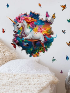 Detail of 3D colorful unicorn and butterfly wall stickers with creative broken wall effect