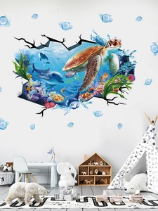 Detailed scene of 3D sea turtle ocean wall decals in a bright kids' bedroom with PVC stickers