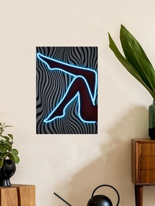 Modern wall sticker featuring blue neon female silhouette on a wavy background