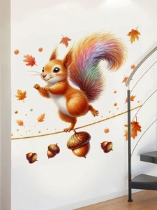 Detail of cute squirrel wall sticker with colorful tail and autumn maple leaves decor